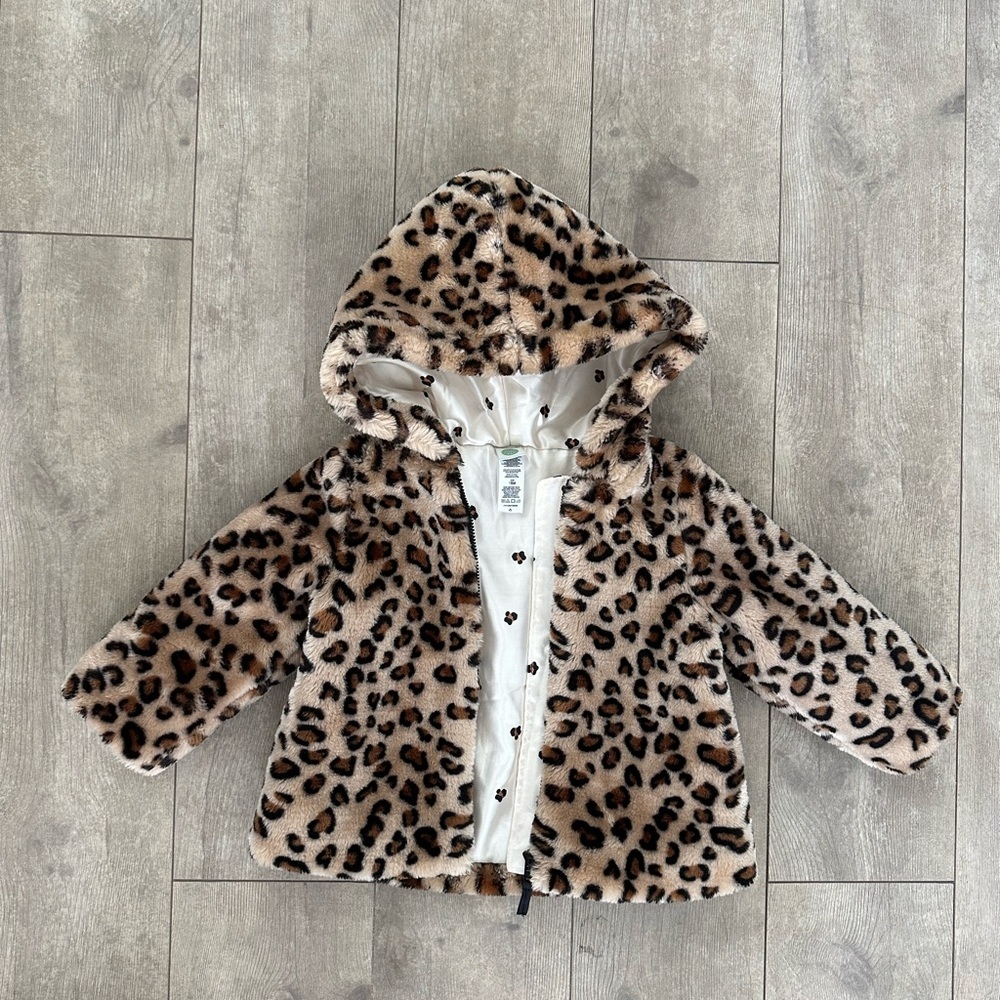 New Little Me Leopard Print Faux Fur Jacket Hoodie Coat Warm Baby Girl Size 18 M - Picture 2 of 16